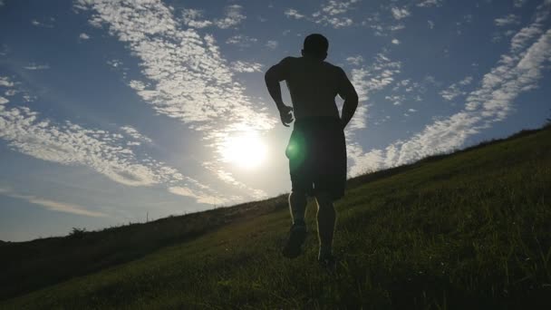 Молоді люди бігають над зеленим пагорбом на фоні блакитного неба. Чоловіки-спортсмени бігають на природі під час заходу сонця. Спортивні бігуни бігають вгору на світанку зі спалахом. Тренування між країнами. Сповільнення — стокове відео