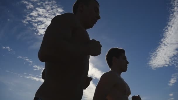 Silhouette d'hommes faisant du jogging à la campagne au coucher du soleil. Deux joggeurs masculins qui s'entraînent pour le marathon. Athlètes s'exerçant et courant contre le ciel bleu. Mode de vie sain et actif en plein air. Mouvement lent — Video