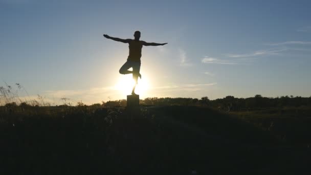 Silhueta de homem desportivo em pé no ioga pose ao ar livre. Yogi praticando movimentos de ioga e posições na natureza. Atleta balançando em uma perna. Céu bonito e sol como fundo. Estilo de vida ativo saudável — Vídeo de Stock