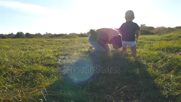 Gelukkig vader en zoon spelen op gras op het veld. Familie op een weide van de zomer. Jonge vader spelen met babyjongen in de natuur. Mens sport oefening doet. Tijd samen doorbrengen. Close-up — Stockvideo