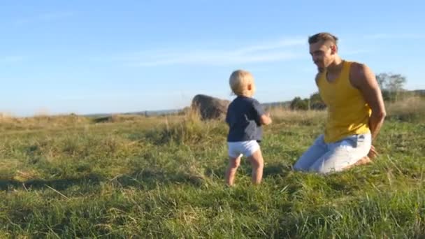 Glücklicher Vater und Sohn beim Spielen auf grünem Rasen auf dem Feld. Familie auf einer Sommerwiese. Der kleine Papa neckt seinen kleinen Jungen in der Natur. Zeit miteinander verbringen. Nahaufnahme — Stockvideo