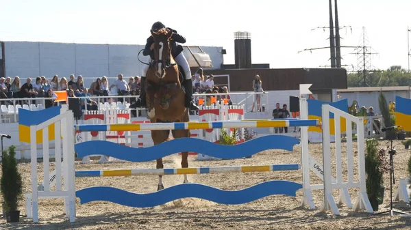 Nicht wiederzuerkennende professionelle männliche Jockey reitet auf dem Pferderücken. Pferd galoppiert und springt im Wettkampf durch Barriere. — Stockfoto