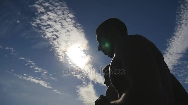 Silhueta de homens correndo no país ao pôr-do-sol. Dois homens a treinar para a maratona. Atletas exercitando e correndo contra o céu azul. Desporto ativo saudável ao ar livre estilo de vida. Movimento lento — Vídeo de Stock