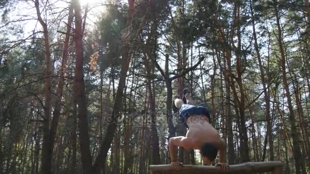 Un uomo forte e muscoloso che fa una verticale in una foresta. Maschio muscoloso fitness ragazzo facendo acrobazie sul tronco al bosco. L'allenamento dell'atleta esegue una verticale al muscolo esterno. Allenamento sport stile di vita sano — Video Stock