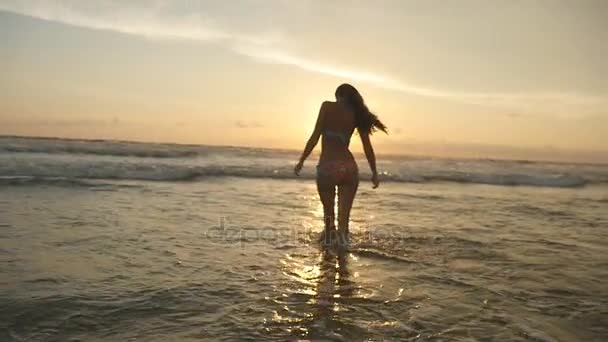 Attraente ragazza sexy con i capelli lunghi in posa sulla riva dell'oceano all'alba. Bella giovane donna in bikini in piedi in mare al tramonto. Femmina sulla spiaggia godendo la vita durante le vacanze. Rallentatore — Video Stock