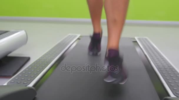 Joggen und Laufen auf dem Laufband im Fitnessstudio. junge Frau beim Ausdauertraining. Füße von Mädchen in Sportschuhen beim Hallentraining im Sportverein. Nahaufnahme — Stockvideo