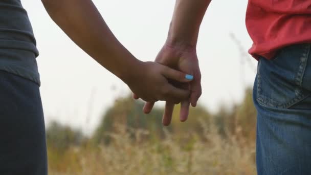 Ungt par att gå med händerna utomhus. Man och kvinna tar armarna på natur bakgrund. Manliga och kvinnliga händer tröstande och strök varandra. Symbol för kärlek och hängivenhet. Romantiska utanför. Närbild — Stockvideo