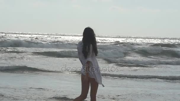 Femme heureuse aux cheveux longs marchant et tournant sur la plage près de l'océan. Jeune belle fille jouissant de la vie et s'amusant au bord de la mer. Vacances d'été ou vacances. Fond naturel. Mouvement lent — Video