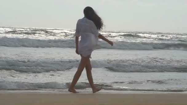 人生を楽しんで、海の海岸で楽しんで美しい若い女の子です。幸せな女は、海の近くのビーチの上を歩きます。夏休みや休日。背景に自然風景。スローモーション — ストック動画