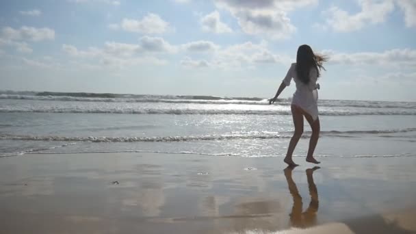 Mulher feliz correndo e girando na praia perto do oceano. Menina bonita nova desfrutando a vida e se divertindo na costa do mar. Férias de verão ou férias. Paisagem natural no fundo. Movimento lento — Vídeo de Stock