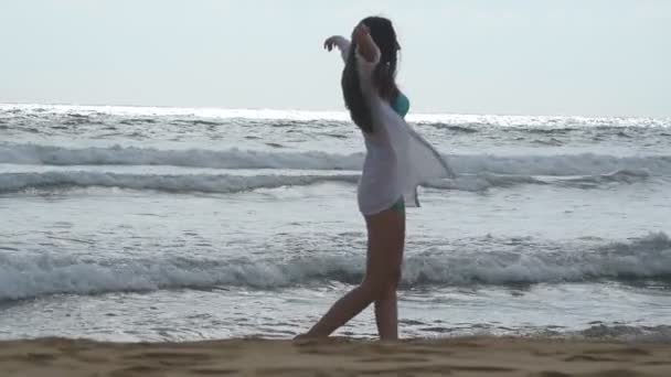 Ung vacker flicka njuter av livet och att ha kul på havet. Lycklig kvinna promenerar på stranden nära havet. Sommarsemester eller semester. Natur landskap i bakgrunden. Slow motion — Stockvideo