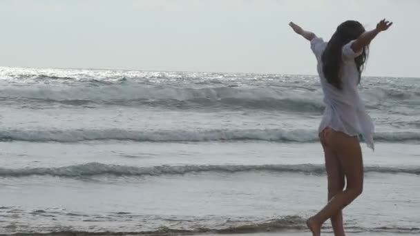 Jeune belle fille jouissant de la vie et s'amusant au bord de la mer. Femme heureuse marchant sur la plage près de l'océan. Vacances d'été ou vacances. Paysage naturel en arrière-plan. Mouvement lent — Video