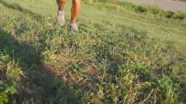Мужские ноги бегут через зеленый холм. Ноги спортсмена бегают на природе на закате. Спортивный бегун бегает в гору. Луг с зеленой травой. Тренировка по бегу. Здоровый образ жизни. Крупный план — стоковое видео