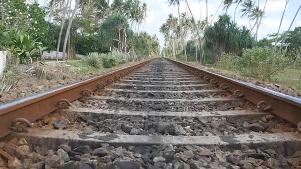 Camera move forward along the railway with exotic tropical nature at background. The rail tracks close up. Point of view of train moving along tracks in asia. Slow motion Close up — Stock Video