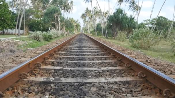 Cámara avanzar a lo largo del ferrocarril con la naturaleza tropical exótica en el fondo. Las vías del tren se cierran. Punto de vista del tren que se mueve a lo largo de las vías en Asia. Cámara lenta Primer plano — Vídeo de stock