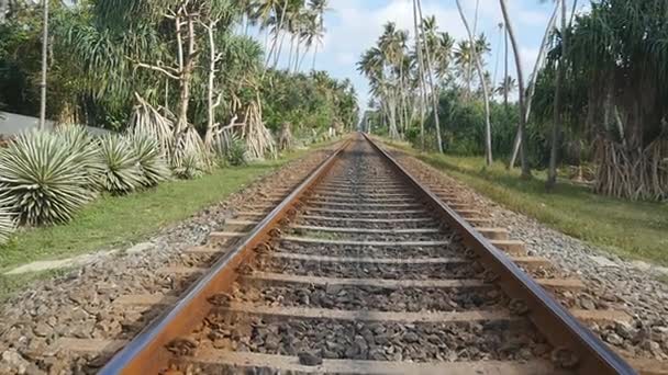 Camera move forward along the railway with exotic tropical nature at background. The rail tracks close up. Point of view of train moving along tracks in asia. Slow motion Close up — Stock Video