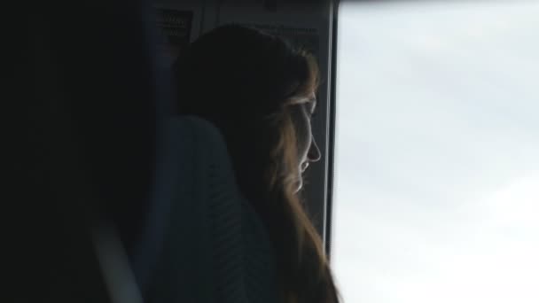 Mujer joven mirando por la ventana durante el viaje en tren. Perfil de chica atractiva que viaja en ferrocarril. Vista reflexiva — Vídeo de stock