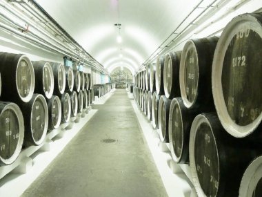 Eski meşe fıçıların Cellars şarap bir satır içinde. Güzel antika arka plan. Yakın çekim