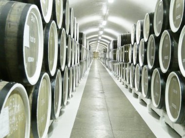 Eski meşe fıçıların Cellars şarap bir satır içinde. Güzel antika arka plan. Yakın çekim