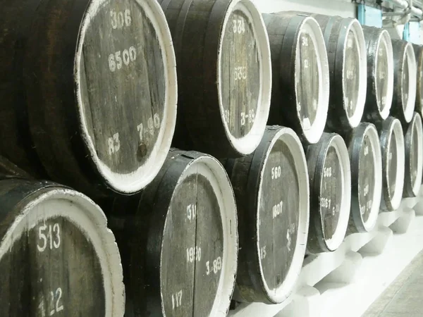 Oude eiken vaten op rij in de kelders van het wijngoed. Mooie vintage achtergrond. Close-up — Stockfoto