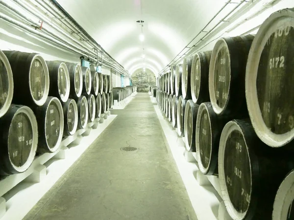 Alte Eichenfässer in einer Reihe in den Kellern des Weinguts. schönen Vintage-Hintergrund. Nahaufnahme — Stockfoto