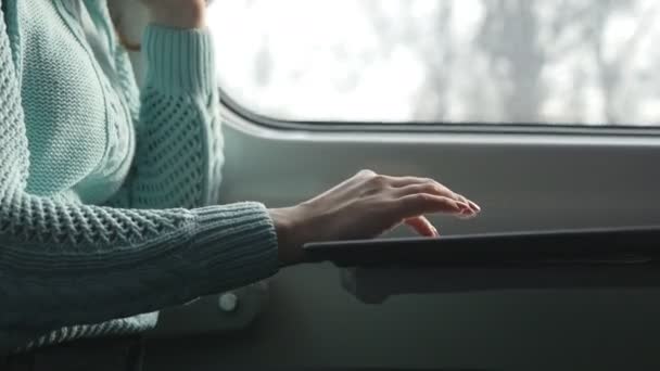 Niña viajando en un tren y usando un cuaderno. Las manos femeninas utilizando el panel táctil de la PC portátil. Chica charlando con amigos. De cerca. — Vídeo de stock