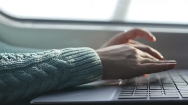 Kvinnliga händer att skriva på tangentbord laptop i tåg. Kvinna chattar med vänner under resa på järnvägen. Ung flicka använder bärbar dator. Arm skriva ut ett meddelande. Närbild — Stockvideo