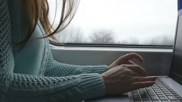 Vrouwelijke handen te typen op het toetsenbord van de laptop in de trein. Vrouw chatten met vrienden tijdens het reizen op de spoorlijn. Jong meisje met behulp van de laptop. Arm een bericht afdrukt. Close-up — Stockvideo