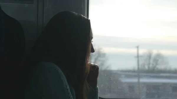 Junge Frau schaut auf Fenster während der Fahrt im Zug. Profil eines attraktiven Mädchens, das auf der Eisenbahn reist. Nahaufnahme — Stockfoto