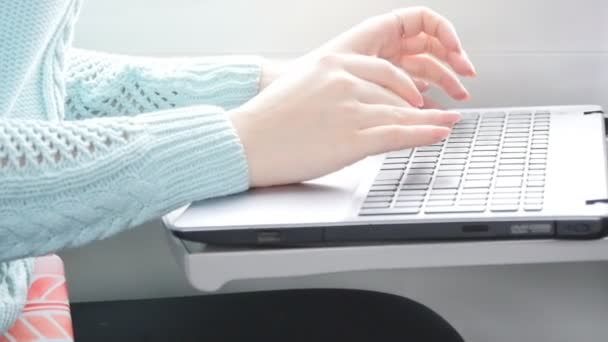 Genç kız bir tren seyahat ve dizüstü bilgisayar kullanarak. Erkek tipik dizüstü klavye üzerinde demiryolu üzerinde sürme sırasında eller. Çekici kadın arkadaşlarınızla sohbet. Yavaş hareket kapatmak — Stok video