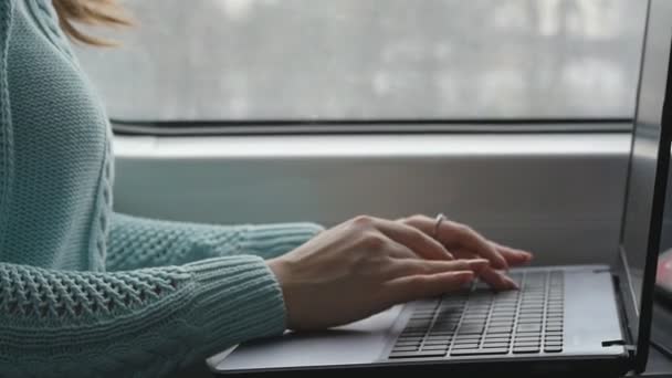 Giovane ragazza che viaggia in treno e utilizzando notebook. Mani femminili digitando su tastiera di computer portatile durante guida su ferrovia. Donna attraente che chiacchiera con gli amici. Chiudere rallentatore — Video Stock