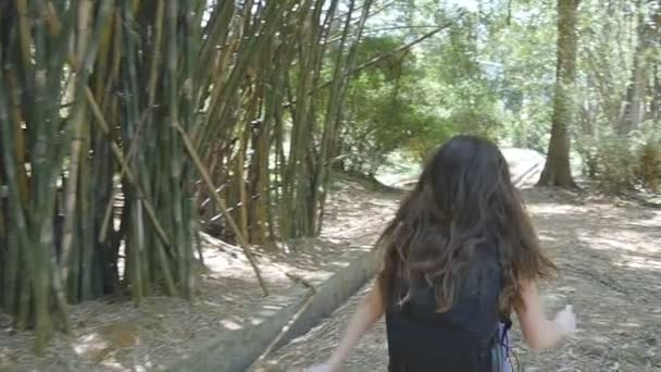 Chica feliz con mochila está corriendo a lo largo de la selva verde y divertirse. Joven hermosa mujer corriendo en el bosque tropical y levantando las manos. Libertad concepto de viaje cámara lenta Vista trasera trasera — Vídeos de Stock