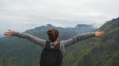 Genç kadın uzun yürüyüşe çıkan kimse dağ ve yükseltilmiş elleri yukarı ulaşan sırt çantası ile. Güzel Kanyon kenarında duran, zaferle yukarı silah outstretching kadın turist. Ağır çekim arka geri görüntülemek