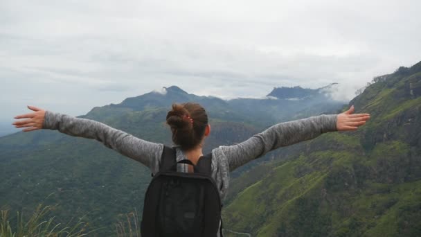 Caminhante jovem com mochila chegando ao topo da montanha e mãos levantadas. Mulher turista em pé na beira do belo cânion, vitoriosamente estendendo os braços para cima. Movimento lento Visão traseira traseira — Vídeo de Stock