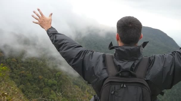 Jeune randonneur masculin avec sac à dos atteignant le sommet de la montagne et les mains levées. Touriste homme debout sur le bord du beau canyon, victorieusement bras tendus vers le haut. Ralenti Vue arrière arrière — Video