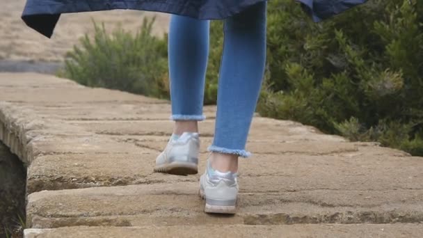 Jonge vrouwelijke toerist met rugzak op stenen trail buiten lopen. Benen van vrouw gaan op rotsachtige grond in prachtige natuur. Meisje intensivering op de bergen tijdens de reis. Gezonde levensstijl. Slow motion — Stockvideo