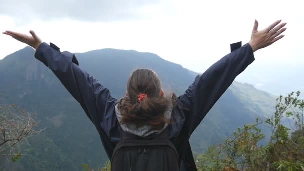 Joven excursionista con mochila que llega a la cima de la montaña y levanta las manos. Turista mujer de pie en el borde del hermoso cañón, extendiendo victoriosamente los brazos hacia arriba. Vista trasera trasera en cámara lenta — Vídeos de Stock