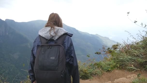 Unga kvinnliga vandrare med ryggsäck når upp toppen av berget och upphöjda händer. Kvinna turisten i regnrock står på kanten av vackra canyon, victoriously outstretching armar upp. Slow motion — Stockvideo
