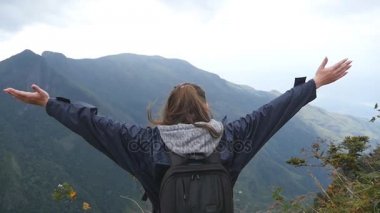 Genç kadın uzun yürüyüşe çıkan kimse dağ ve yükseltilmiş elleri yukarı ulaşan sırt çantası ile. Zaferle yukarı silah outstretching kadın turist yağmurluk ayakta güzel Kanyon kenarına. Arka arkadan görünüm