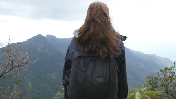 年轻的女游客享受美丽的景色，在山中，背包里。女人在雨衣站在美丽的峡谷的边缘，看着自然的旅行者。慢动作后方回来查看 — 图库视频影像