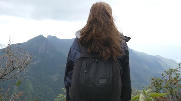 Fiatal női turista élvezi a gyönyörű kilátást a hegyek hátizsák. Nő a traveler in esőkabát gyönyörű canyon szélén állt, és nézett a természet. Lassú mozgás hátsó vissza Nézd — Stock videók