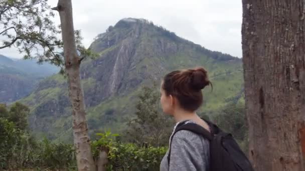 Ung kvinna turist med ryggsäck gå på leden i bergen med vacker natur landskap i bakgrunden. Kvinnliga vandrare går längs tropiska mount road. Hälsosam aktiv livsstil. Resor-konceptet — Stockvideo