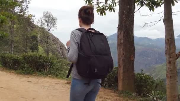 Young woman tourist with backpack walking at trail in mountains with beautiful nature landscape at background. Female hiker going along tropical mount road. Healthy active lifestyle. Summer vacation — Stock Video