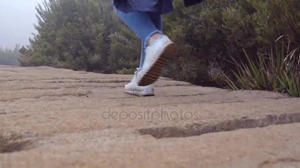 Joven turista femenina con mochila caminando sobre puente de piedra al aire libre. Las piernas de la mujer que va en camino rocoso en la naturaleza hermosa. Chica pisando montañas durante el viaje. Estilo de vida saludable. De cerca. — Vídeos de Stock