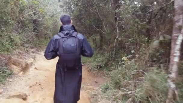 旅行の間に木製の歩道に行くのレインコートで若い男は。男をハイキングのバックパックをぬれた熱帯の森を歩きます。ジャングルのパスを踏む男性の観光客に従ってください。背面背面図 — ストック動画