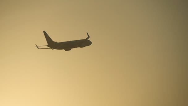 Passenger airplane flies across sky at sunset. Plane taking off at sunrise background. Aircraft crossing sunrise at beautiful morning heaven. Slow motion Close up — Stock Video