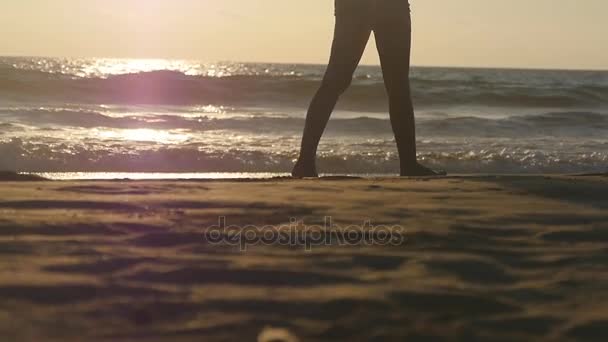 Pernas de uma jovem a pisar na areia. Close up de pés femininos andando sobre areia dourada na praia com ondas oceânicas no fundo. Menina descalça na costa do mar. Férias de verão. Movimento lento — Vídeo de Stock