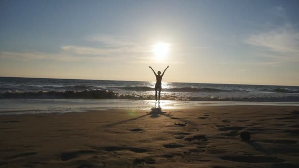 Young woman walking on beach near the ocean at sunset and raised hands. Beautiful young girl standing on sea shore during vacation and enjoing freedom. Relax on summer holiday. Rear view Slow motion — Stock Video