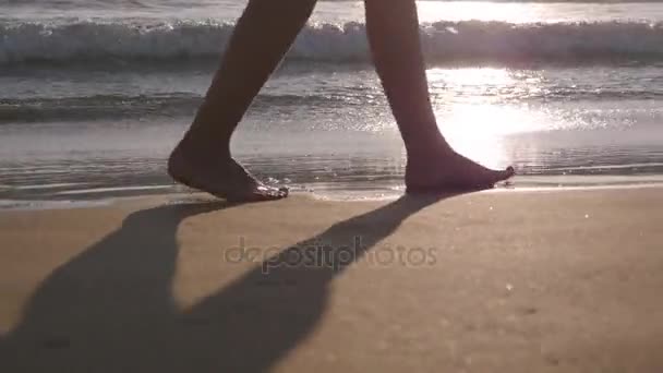 Närbild av kvinnliga fötter gå på gyllene sand på stranden med havets vågor på bakgrunden. Ben av ung kvinna kliver på sand. Barfota flicka vid havet. Sommar semester semester koncept — Stockvideo