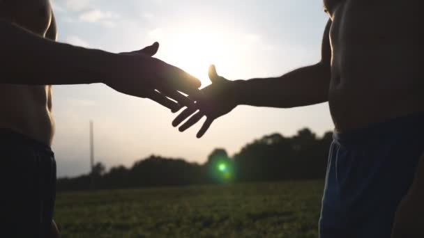 Aperto de mão amigável de dois homens brancos musculares irreconhecíveis com sol brilhar no fundo. Agitação de braços masculinos ao ar livre. Dois tipos fortes a encontrarem-se lá fora. Trabalho em equipa e amizade. Fechar câmera lenta — Vídeo de Stock